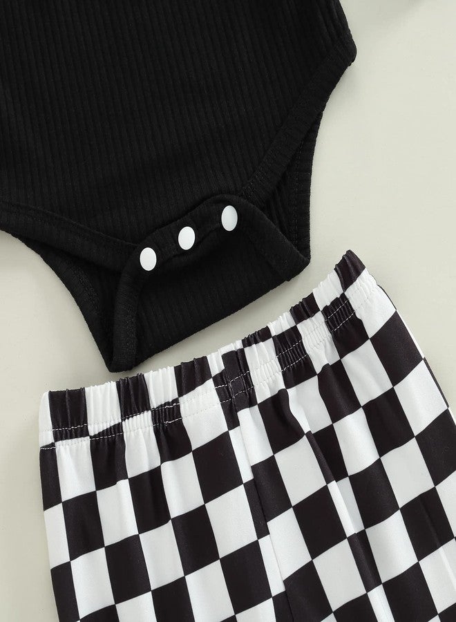 SAYOO Newborn Baby Girl Clothes Infant Rib Frill Long Sleeve Romper Floral Flared Pants Headband 3pcs Fall Winter Outfits (Checkerboard-Black, 0-3 Months) - Image 5
