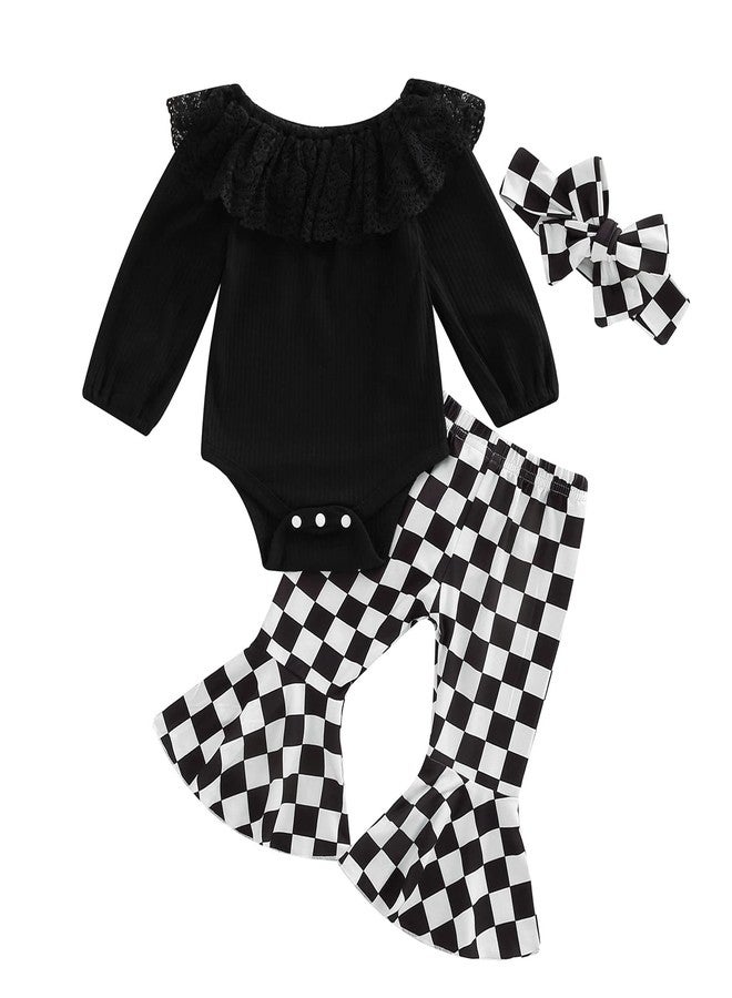 SAYOO Newborn Baby Girl Clothes Infant Rib Frill Long Sleeve Romper Floral Flared Pants Headband 3pcs Fall Winter Outfits (Checkerboard-Black, 0-3 Months) - Image 1