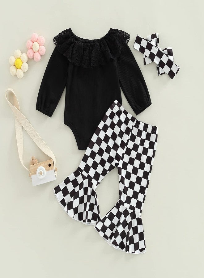 SAYOO Newborn Baby Girl Clothes Infant Rib Frill Long Sleeve Romper Floral Flared Pants Headband 3pcs Fall Winter Outfits (Checkerboard-Black, 0-3 Months) - Image 2