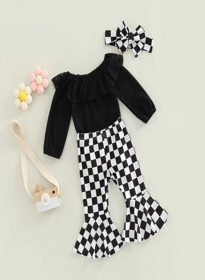 SAYOO Newborn Baby Girl Clothes Infant Rib Frill Long Sleeve Romper Floral Flared Pants Headband 3pcs Fall Winter Outfits (Checkerboard-Black, 0-3 Months) - Image 3