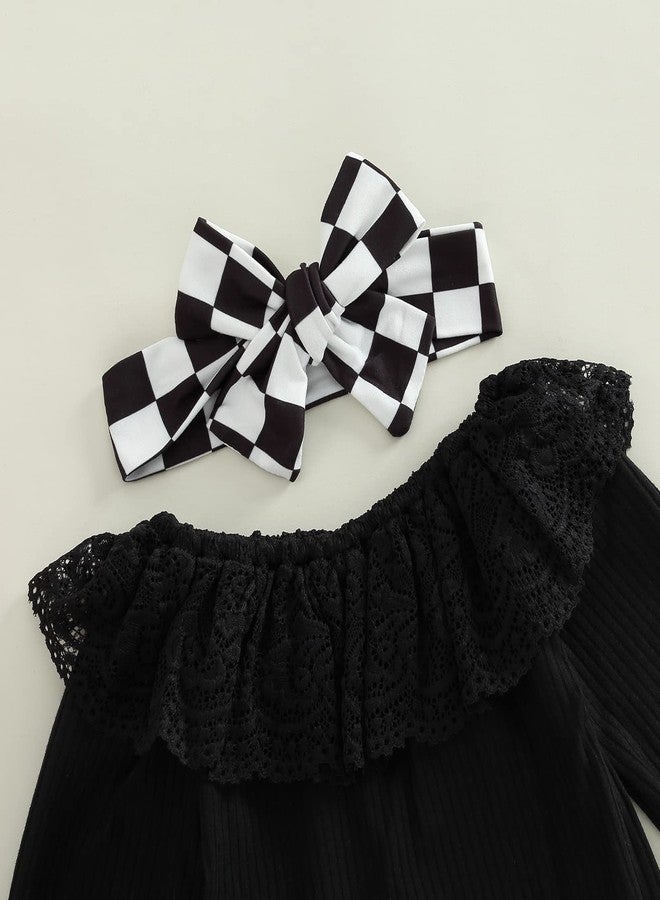 SAYOO Newborn Baby Girl Clothes Infant Rib Frill Long Sleeve Romper Floral Flared Pants Headband 3pcs Fall Winter Outfits (Checkerboard-Black, 0-3 Months) - Image 4