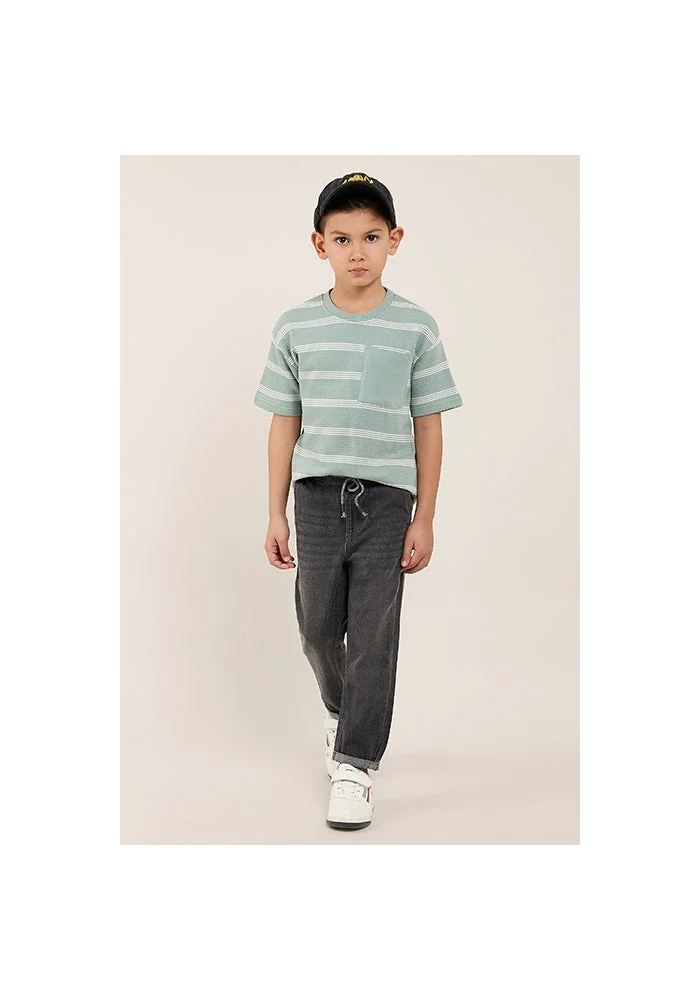 أر أند بي Striped T-Shirt with Crew Neck and Short Sleeves