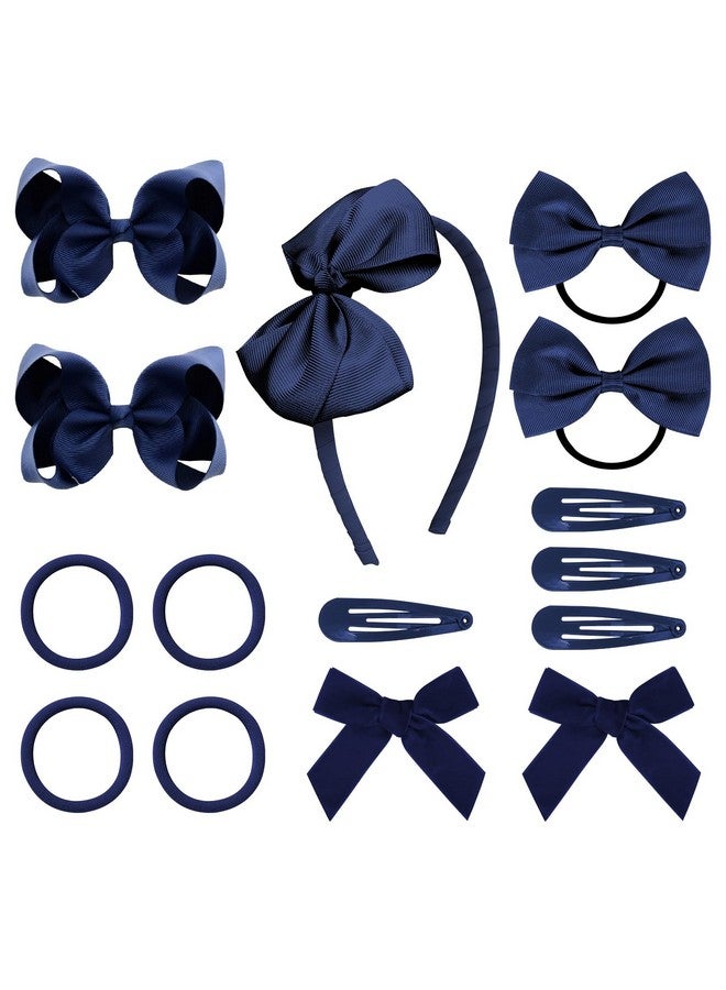 DEEKA Navy Blue Hair Accessories Set - 15 Pieces Uniform Hair Bows, Hair Clips, Headband, Hair Ties for Little Girls - Navy Blue - Image 1