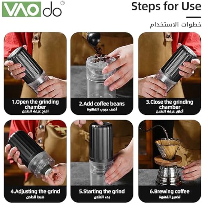 VAOdo Electric Coffee Grinder Mini Cordless Automatic Coffee Bean Grinder Ceramic Grinding Core With Coffee Scoop And Cleaning Brush With Multiple Grinding Settings For Beans Nuts Grains - Image 3