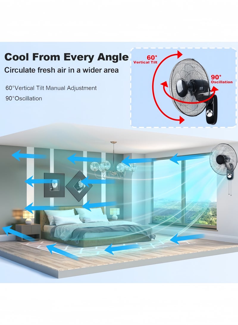 GGEROU Oscillating Wall Mount Fan,16 Inch 4000 CFM Industrial Wall Fan with 5 Blades, 3 Speeds, Adjustable 45° Tilt and 70° Oscillation，Ideal for Home, Bedroom, Gym & Office, Black  - Image 4