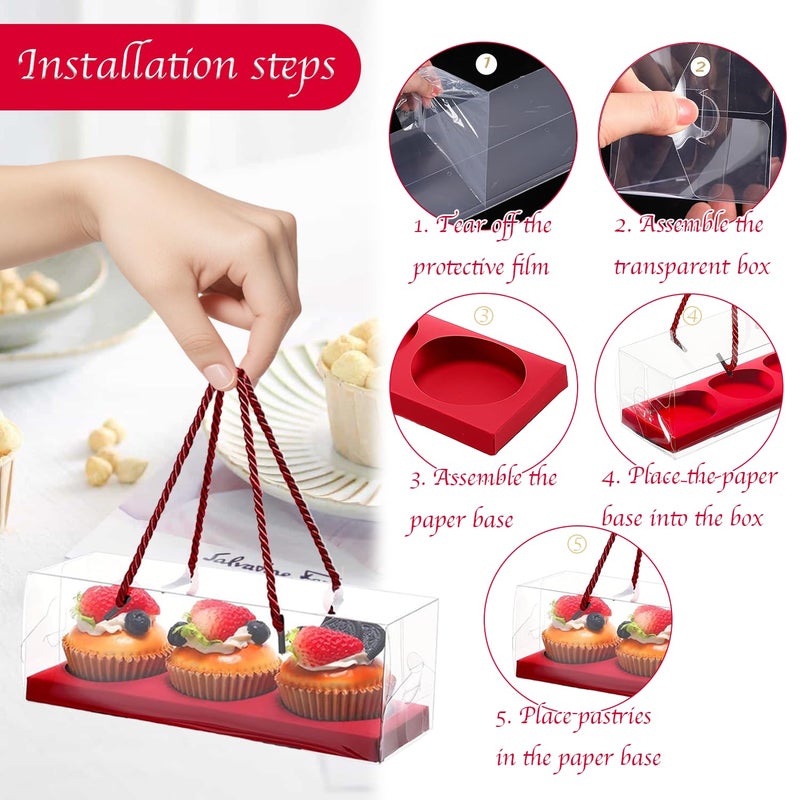 Wuqoioo Cupcake Boxes, 20 Set Of Cupcake Packaging Boxes Cup Cake Plastic Containers For Treat Dessert Cookies Muffins Pastry Baby Shower Party, 9" X 3" X 3" (Red) - Image 4