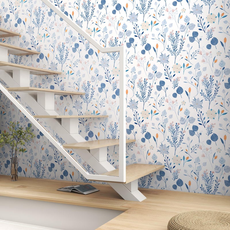 PeonyQueen Blue Floral Wallpaper Peel and Stick Boho Contact Paper 17.3 x 78.7 Watercolor Blue Removable Self Adhesive Wallpaper for Bedroom Waterproof Wildflower Botanical Wall Paper Home Decor - Image 3