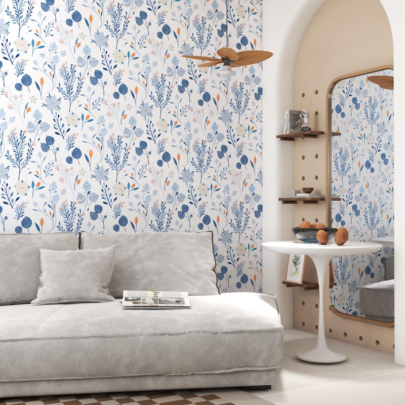 PeonyQueen Blue Floral Wallpaper Peel and Stick Boho Contact Paper 17.3 x 78.7 Watercolor Blue Removable Self Adhesive Wallpaper for Bedroom Waterproof Wildflower Botanical Wall Paper Home Decor - Image 4
