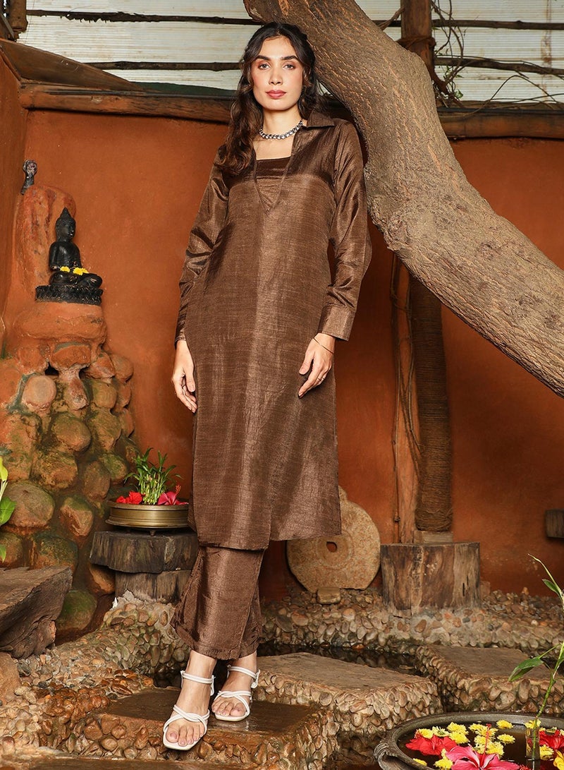 QISSA Women's Chocolate Brown Dusk Ensemble Kurta Set - Image 2