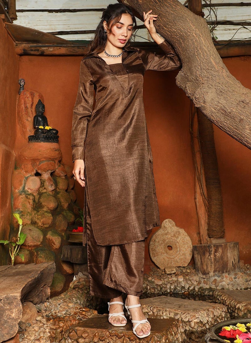 QISSA Women's Chocolate Brown Dusk Ensemble Kurta Set - Image 5