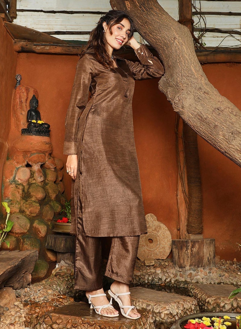 QISSA Women's Chocolate Brown Dusk Ensemble Kurta Set - Image 3