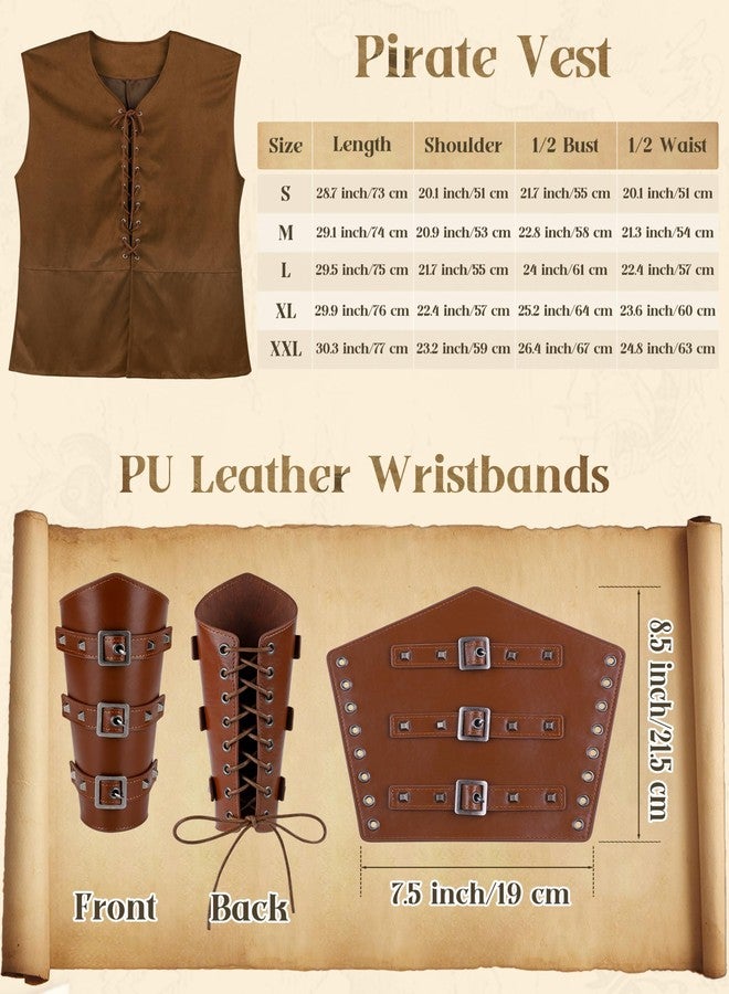 SOMSOC 8 Pieces Men's Halloween Renaissance Costume Set Pirate Shirt Viking Vest Medieval Pants Headscarf Belt - Image 4