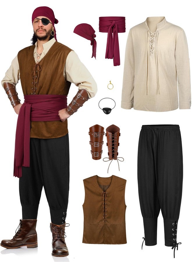 SOMSOC 8 Pieces Men's Halloween Renaissance Costume Set Pirate Shirt Viking Vest Medieval Pants Headscarf Belt - Image 1