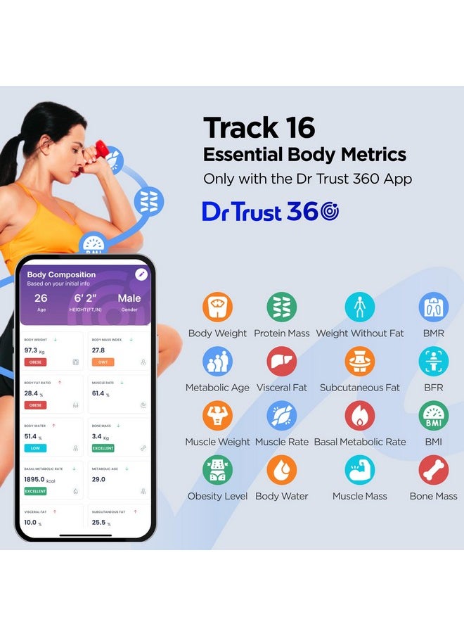 Dr Trust - Usa Legend Bmi Weight Scale & Body Fat Analyzer With Ios/Android App Sync, 14 Essential Composition Metrics Weighing Machine -526 For Home Health Monitoring (Black) - Image 1