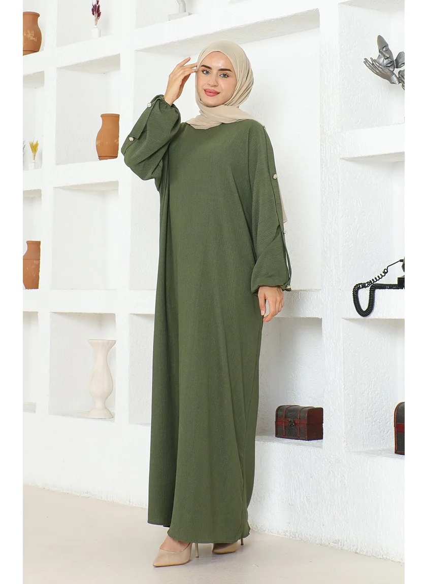 Sefa Merve Bürümcük Fabric Dress Abaya 1023-05 Khaki