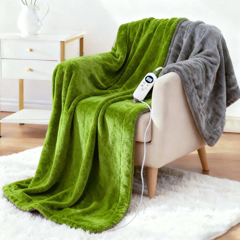 Eastsora Electric Heated Blanket Throw 50" x 60" Soft Dual-Sided Flannel Fast Heating 12 Heat Levels 1â€“12H Timer & Overheat Protection & Auto Shut-Off & Machine Washable (Lime Green & Gray) - Image 1