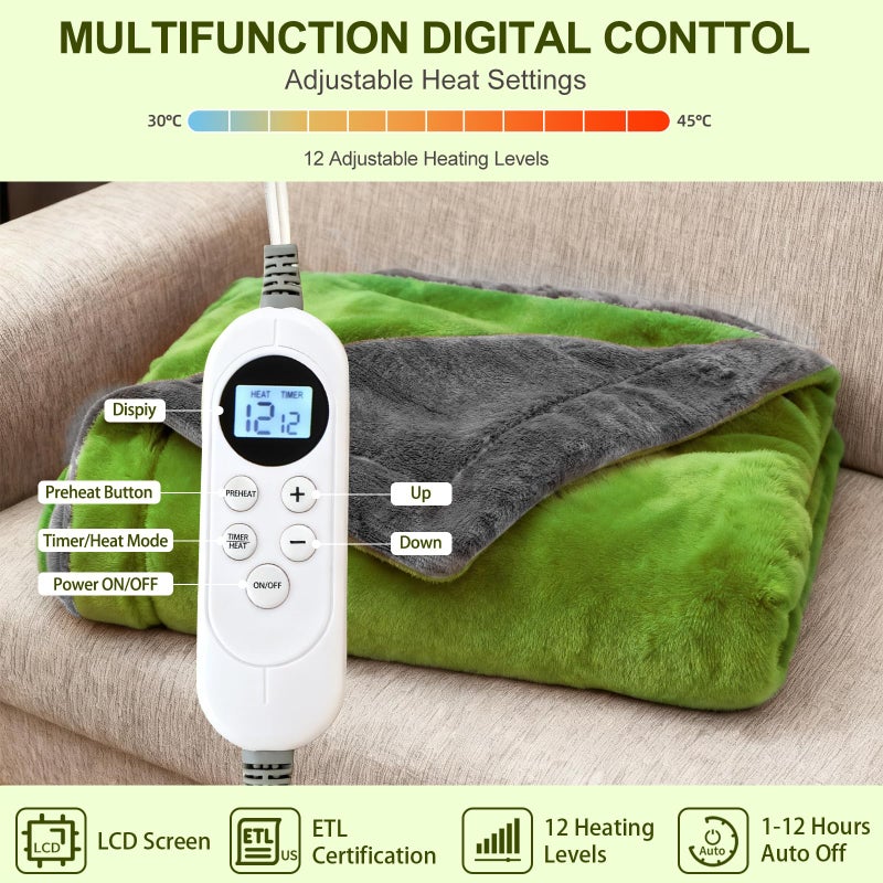 Eastsora Electric Heated Blanket Throw 50" x 60" Soft Dual-Sided Flannel Fast Heating 12 Heat Levels 1â€“12H Timer & Overheat Protection & Auto Shut-Off & Machine Washable (Lime Green & Gray) - Image 2