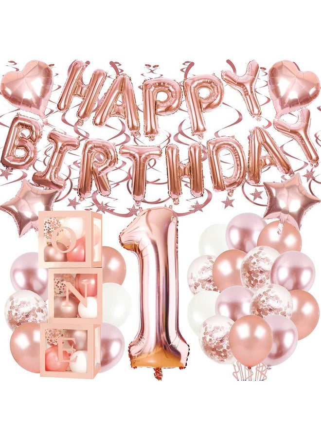 Sawowkuya - First Birthday Balloon Boxes Decorations For Girl, 72Pcs 1St Birthday Party Decorations Includes White Transparent Boxes Baby Rose Gold Balloons 40 Inch Foil Balloons 18 Inch Happy Birthday Foil - Image 1