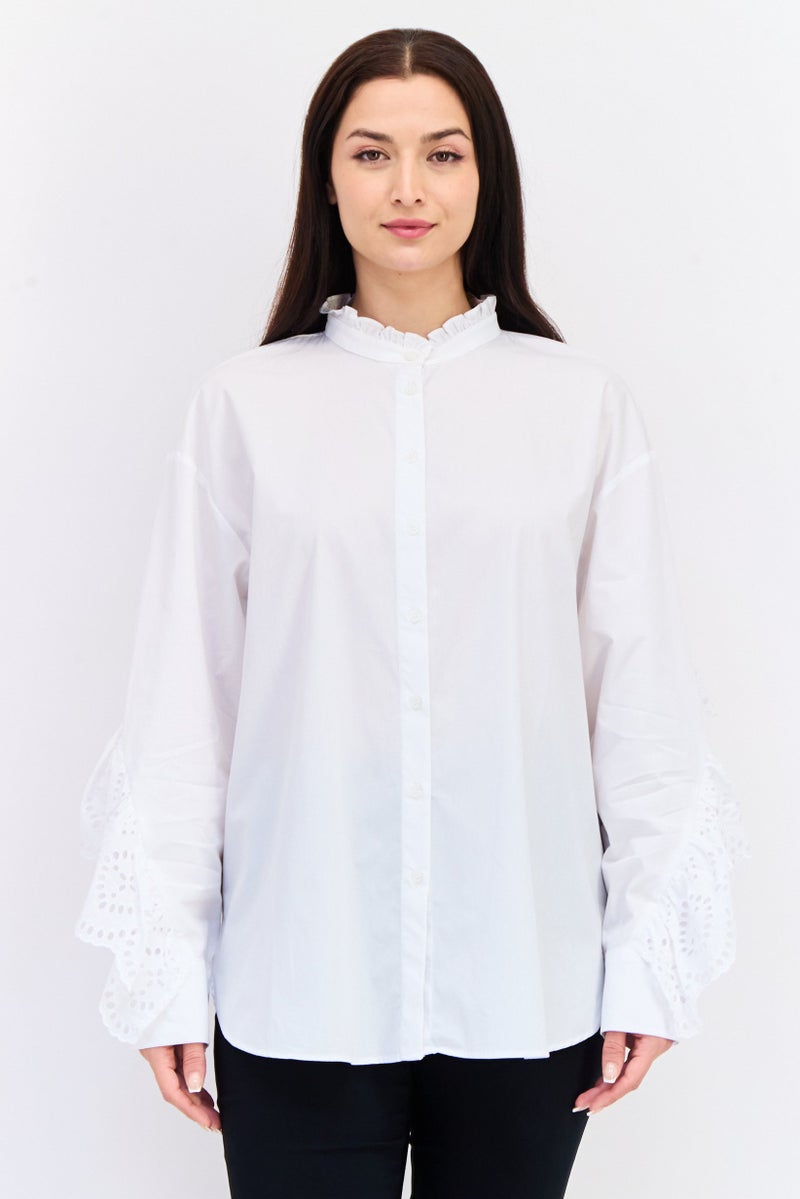 KOTON Women Ruffled Neck Long Sleeves Solid Shirt, White  - Image 1
