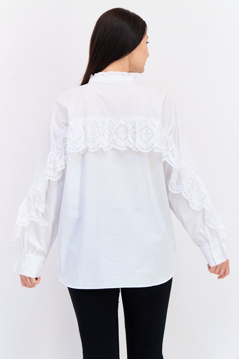KOTON Women Ruffled Neck Long Sleeves Solid Shirt, White  - Image 3
