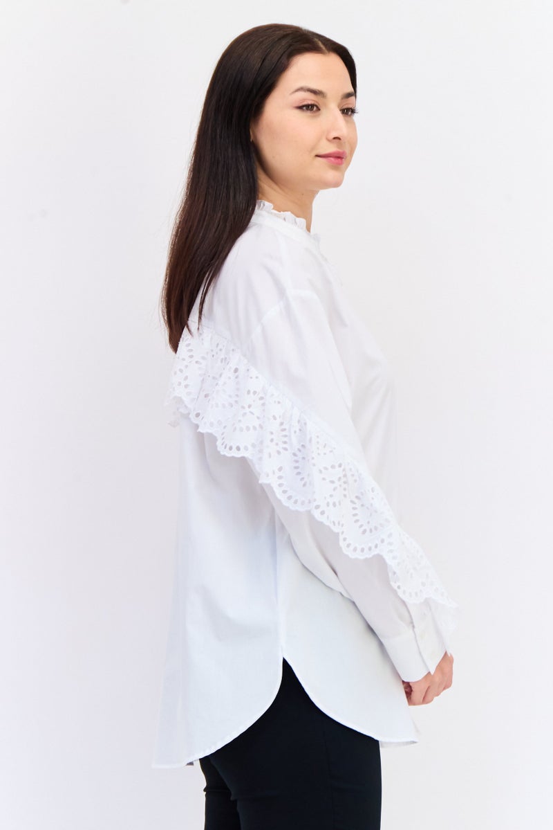KOTON Women Ruffled Neck Long Sleeves Solid Shirt, White  - Image 4