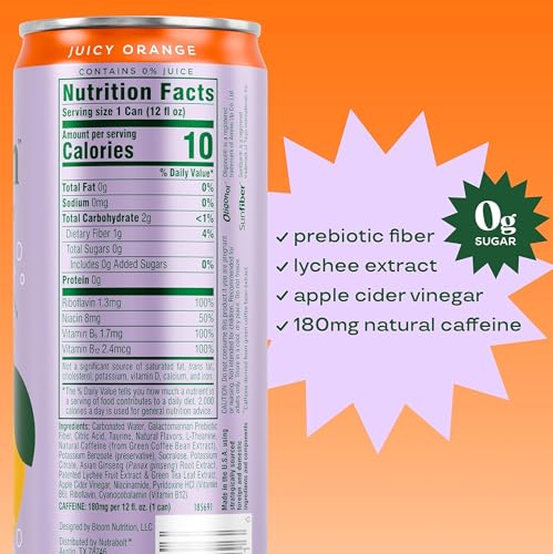 Bloom Nutrition Sparkling Energy Drink - Natural Caffeine, Zero Sugar, 180mg Caffeine - Antioxidant-Rich with Green Coffee Bean, Green Tea Extract, Prebiotics - Orange - 12oz 12 Pack - Image 4