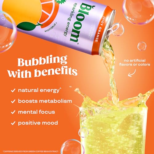 Bloom Nutrition Sparkling Energy Drink - Natural Caffeine, Zero Sugar, 180mg Caffeine - Antioxidant-Rich with Green Coffee Bean, Green Tea Extract, Prebiotics - Orange - 12oz 12 Pack - Image 3