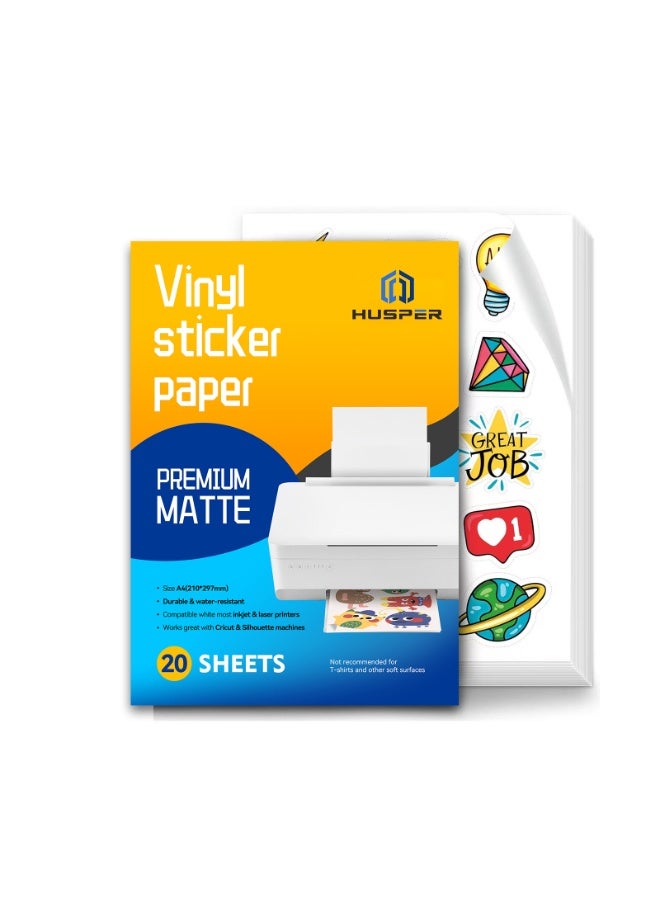 ESHANG Premium Printable Vinyl Sticker Paper for Inkjet Printer - A4 20 Sheets Matte White Waterproof, Dries Quickly Vivid Colors, Holds Ink well- Tear Resistant - Inkjet & Laser Printer
