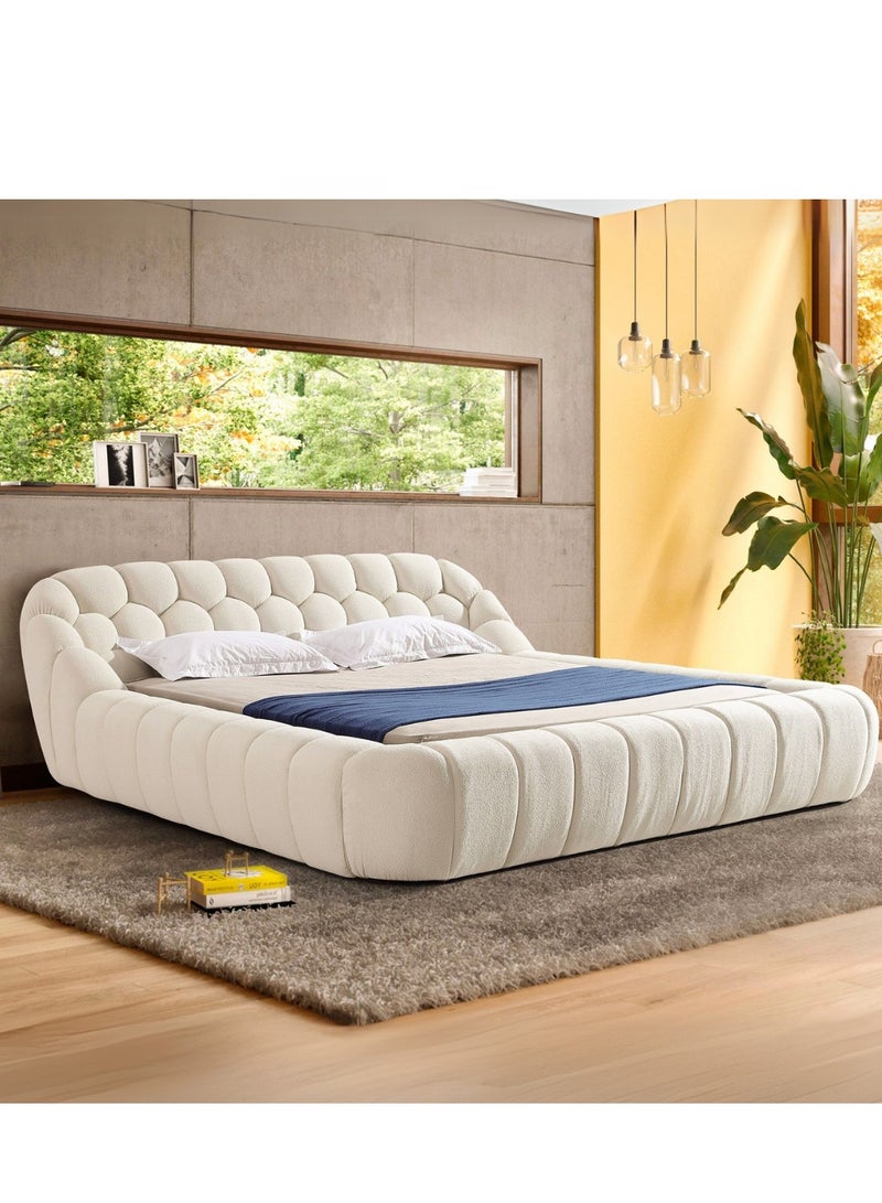 Wooden Twist Bubble Design Modern Cloud Bed In Soft Boucle Fabric (Queen Size)  - Image 1