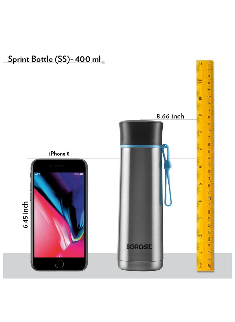 BOROSIL Borosil Hydra Sprint 400 ml Stainless Steel Water Bottle | Double Wall Vacuum Insulated BPA Free Flask | 20 Hrs Hot & 24 Hours Cold | Bottle for Office, Gym, School, College | 1 Year Warranty, Silver  - Image 3