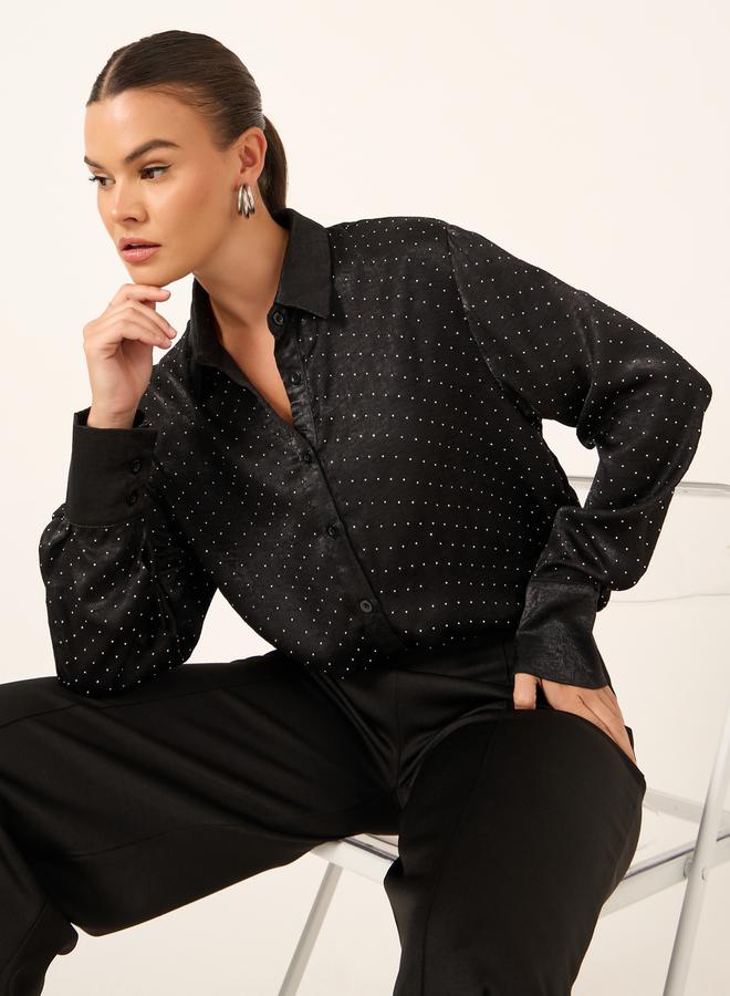 Styli Embellished Collared Long Sleeves Oversized Shirt  - Image 1