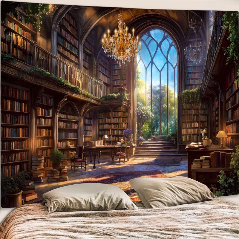 Accnicc Vintage Library Tapestry Medieval Bookshelf Tapestries Wall Hanging Fantasy Academia Hall Book Backdrop Extra Large Tapestry for Bedroom Living Room Dorm Classroom 90 x 68 inch - Image 1