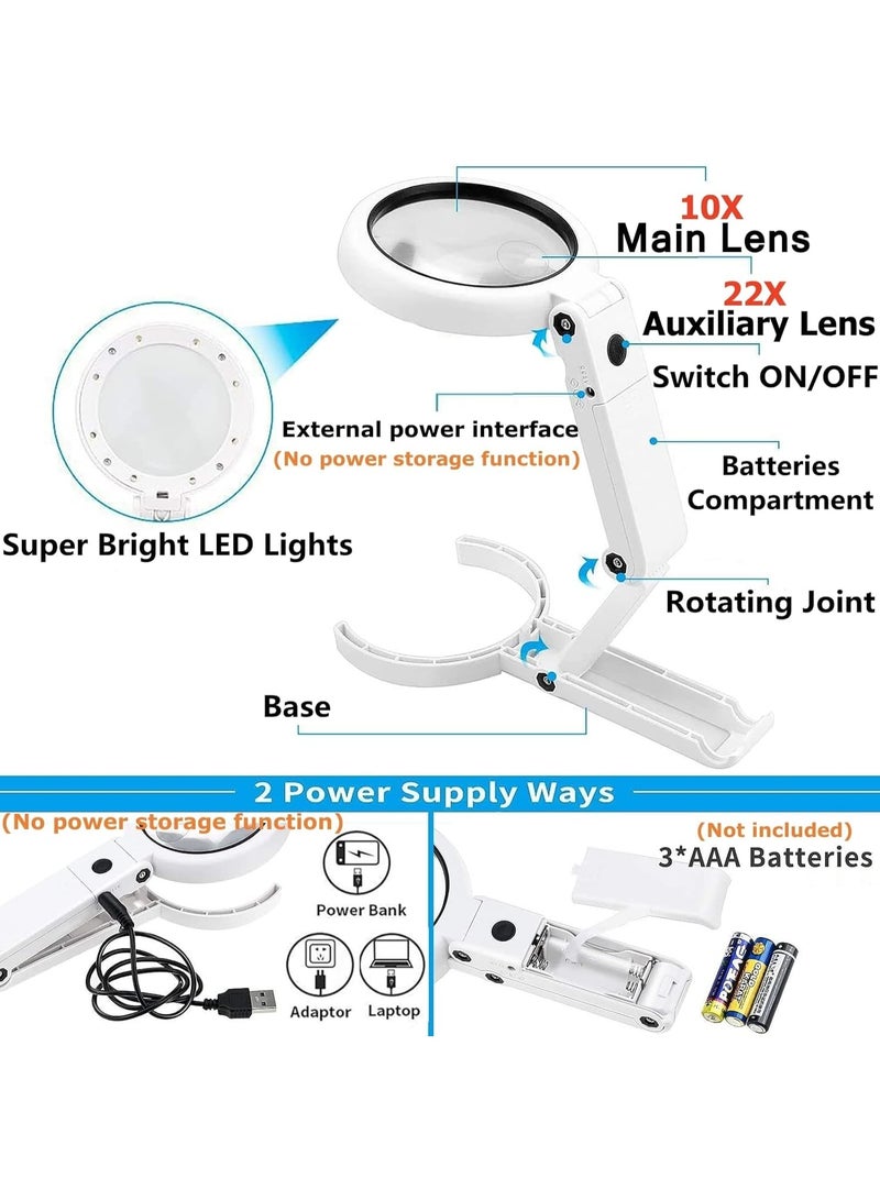 عدسة مكبرة 22X 10X مع ضوء وحامل، عدسة مكبرة محمولة قابلة للطي وقابلة للتعتيم بمستويين للعمل عن قرب، الضمور البقعي، قراءة كبار السن، تعمل بالبطارية أو USB - Image 2