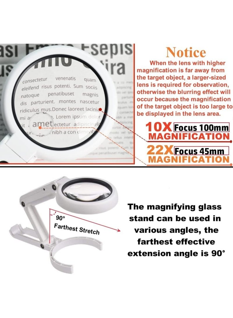 عدسة مكبرة 22X 10X مع ضوء وحامل، عدسة مكبرة محمولة قابلة للطي وقابلة للتعتيم بمستويين للعمل عن قرب، الضمور البقعي، قراءة كبار السن، تعمل بالبطارية أو USB - Image 3