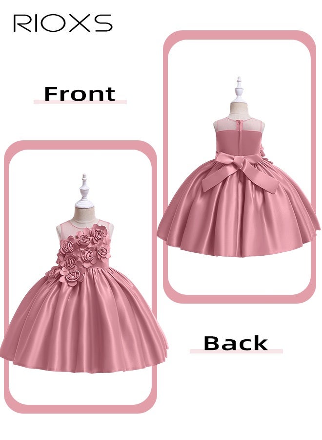 RIOXS Toddler Girls Flower Princess Dress, A-Line High Waist Sleeveless Pleated Flower Dress, Elegant Pageant Bowknot Dress Costumes Wedding Dress for Birthday Party Formal Occasions, Pink - Image 5