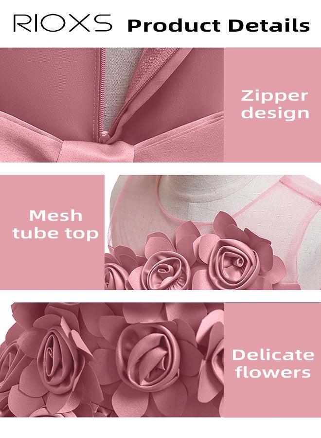 RIOXS Toddler Girls Flower Princess Dress, A-Line High Waist Sleeveless Pleated Flower Dress, Elegant Pageant Bowknot Dress Costumes Wedding Dress for Birthday Party Formal Occasions, Pink - Image 4