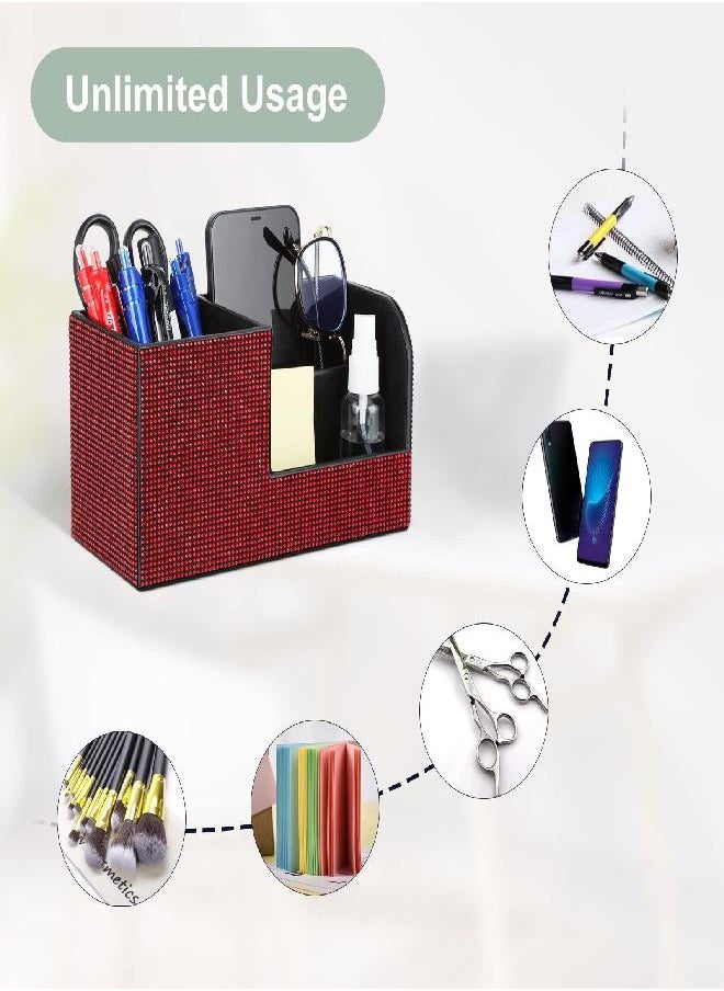 KEYPOWER - KEYPOWER Desk Pen Pencil Holder Bling Pasted Rhinestones Paper Stationery Storage Box, Multi-functional Organizer for Pen/Pencil,Cell phone,Business Name Cards,Eye Glasses,Remote Control Holder (Red) - Image 1