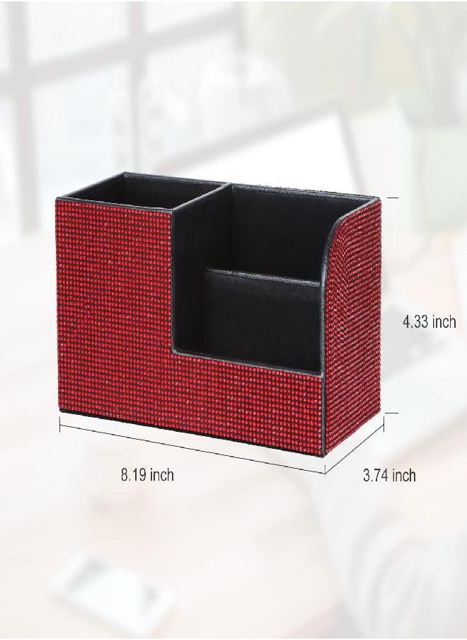KEYPOWER - KEYPOWER Desk Pen Pencil Holder Bling Pasted Rhinestones Paper Stationery Storage Box, Multi-functional Organizer for Pen/Pencil,Cell phone,Business Name Cards,Eye Glasses,Remote Control Holder (Red) - Image 1
