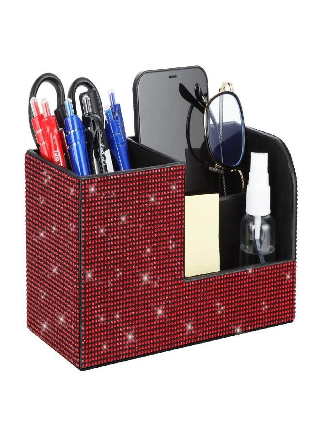 KEYPOWER - KEYPOWER Desk Pen Pencil Holder Bling Pasted Rhinestones Paper Stationery Storage Box, Multi-functional Organizer for Pen/Pencil,Cell phone,Business Name Cards,Eye Glasses,Remote Control Holder (Red) - Image 1