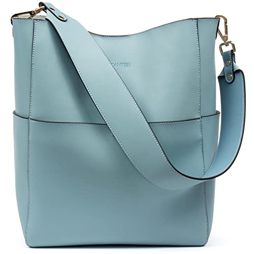 BOSTANTEN Women's Leather Designer Handbags Tote Purses Shoulder Bucket Bags Light Blue - Image 1