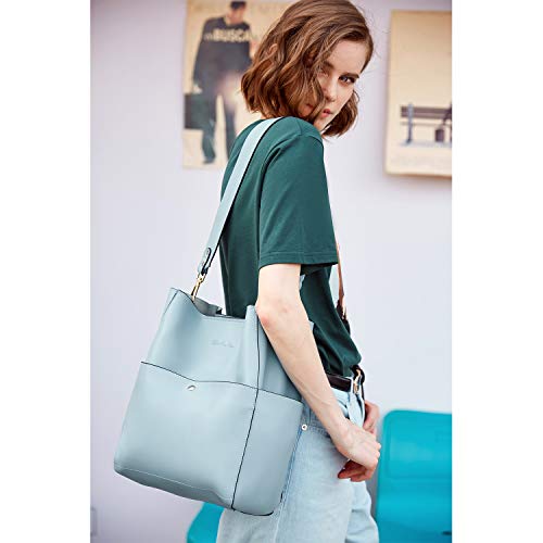 BOSTANTEN Women's Leather Designer Handbags Tote Purses Shoulder Bucket Bags Light Blue - Image 2