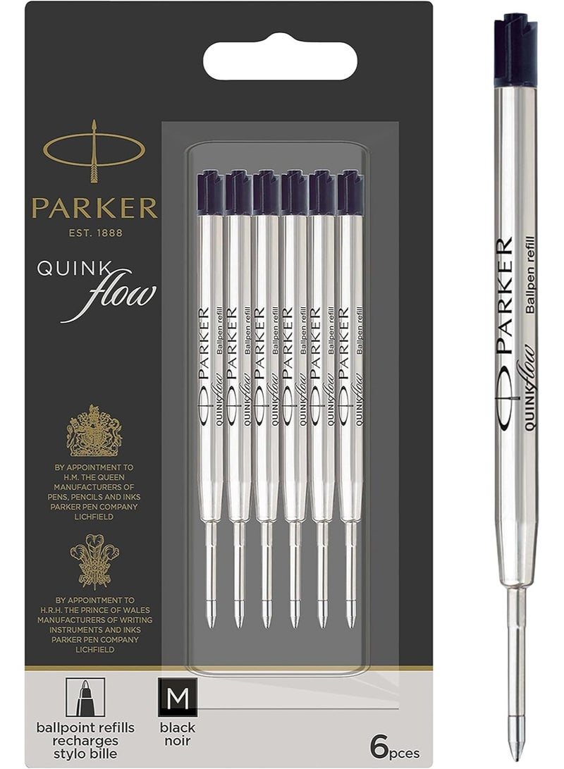 Parker QUINKflow Ballpoint Pen Ink Refills, Medium Tip, Black, 6 Count Value Pack (2025154)