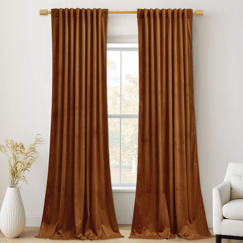 StangH Burnt Orange Velvet Curtains - Back Tab Blackout Thermal Insulated Window Drapes for Bedroom/Living Room, Holiday Home Decoration Backdrops for Kids, W52 x L84, 2 Panels - Image 1