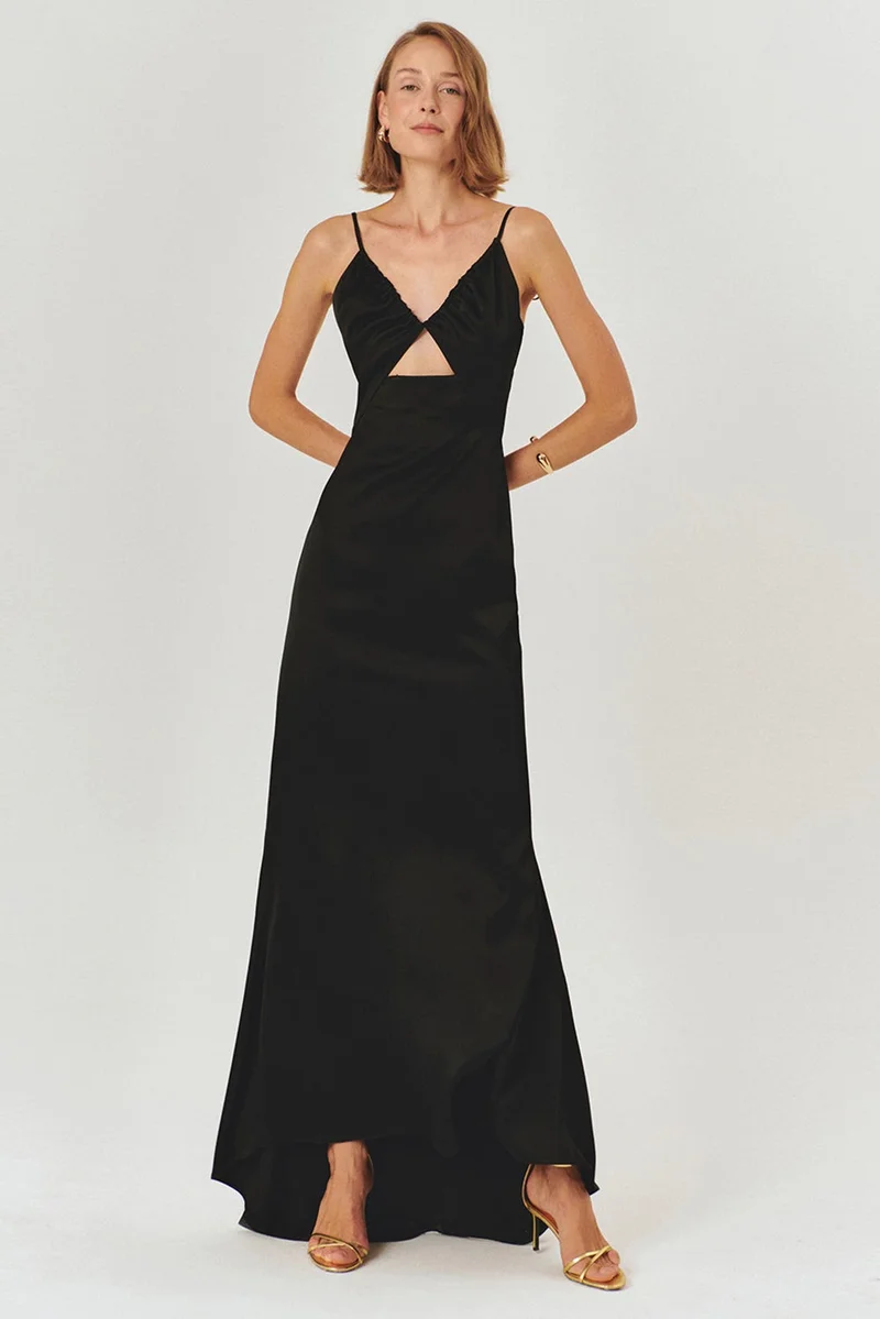 EXQUISE Strappy A-line Regular Fit Black Satin Maxi Dress