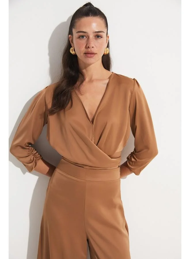 JUNE June Binding Blouse Detailed Trouser Set Tan