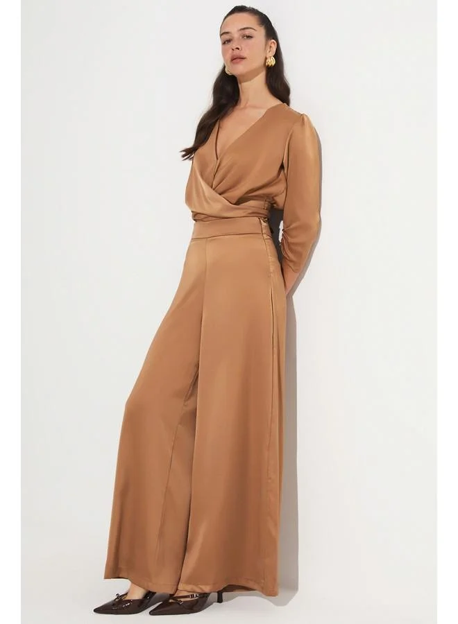 JUNE June Binding Blouse Detailed Trouser Set Tan