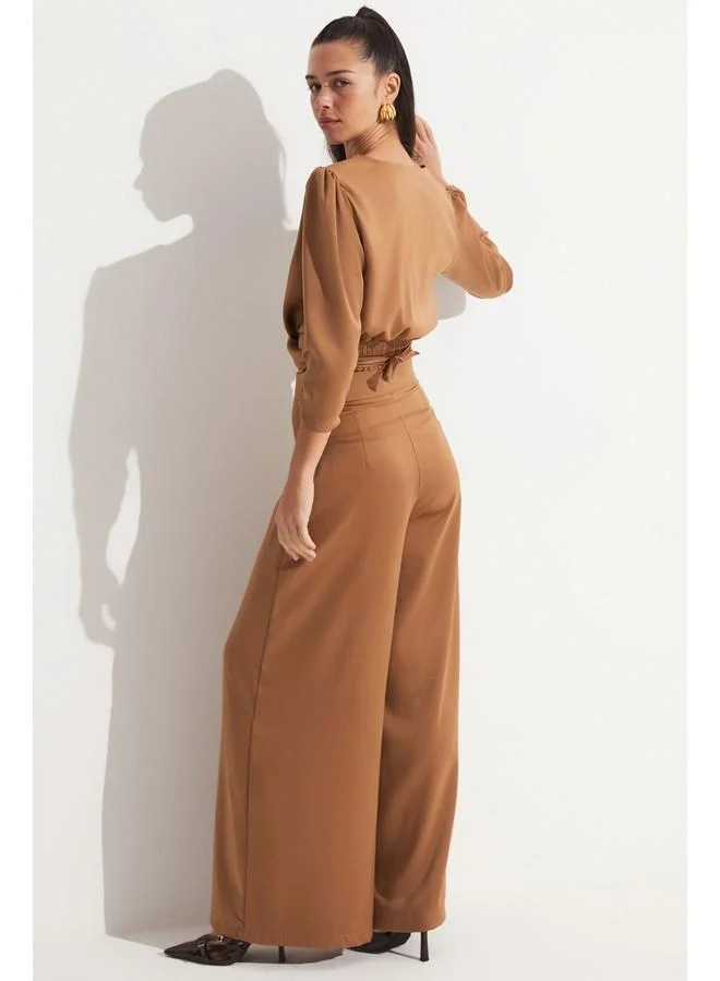 JUNE June Binding Blouse Detailed Trouser Set Tan