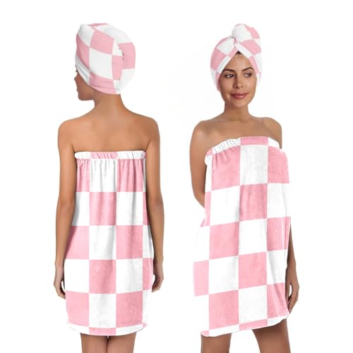 BaBakiak Checkered Bath Wrap Set with Hair Turban, Spa Towel Wrap, Towel Robe for Women - Image 1