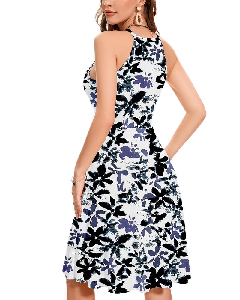 ANYFITTING Built in Bra Halter Dresses for Women 2026 Summer Casual A-line Pockets Dress Flowy Midi Sundresses Beach Vacation Outfits (Black Purple,Small) - Image 2
