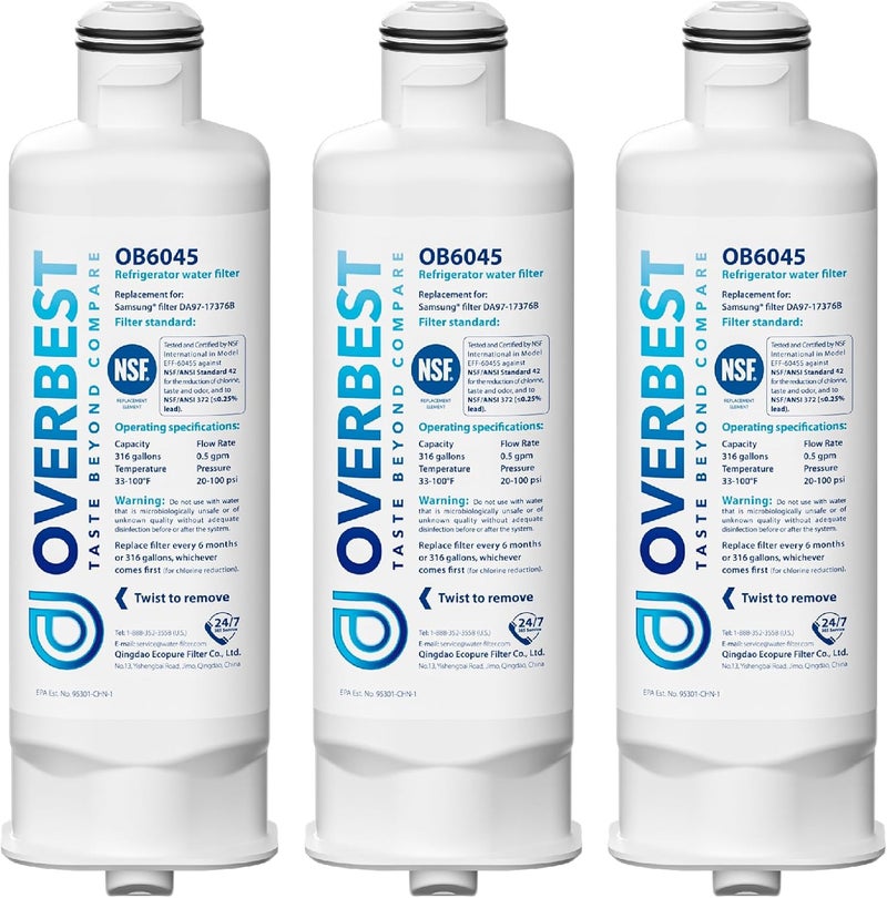 Overbest OB6045 Refrigerator Water Filter, Replacement for Samsung® DA97-17376B, HAF-QIN/EXP, HAF-QIN, DA97-08006C, RF28R7201SR, RF28R7351SG, RF23M8070SR, RF23M8090SG, OB6045, 3 Pack Transit damage minimized design - Image 1